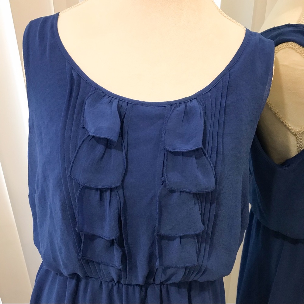 Blue Chiffon Ruffled Sleeveless Cinch Waist Dress - Picture 4 of 10